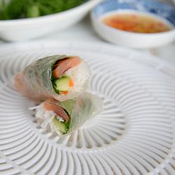 rice paper rolls smoked salmon with Southern fish sauce                        